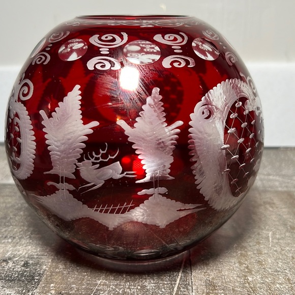 Other - Vintage 1930's Ruby Red Bohemian Czech Cut to Clear Glass Round Vase